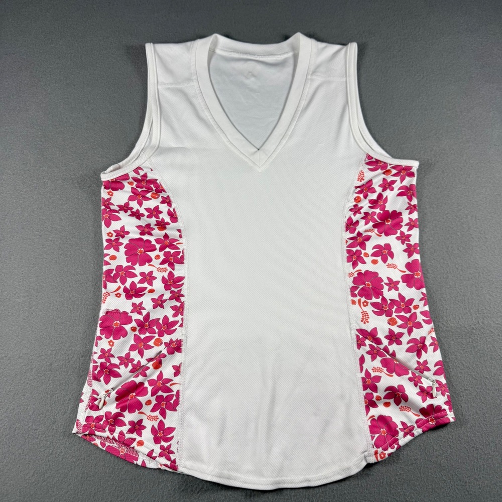 Vintage Lululemon Womens 6 Sleeveless V-Neck Athletic Top Floral Pink White Mesh